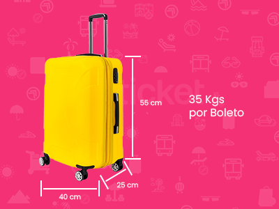 Puedes llevar hasta 35 Kgs en una maleta. Adicionalmente una maleta de mano no mayor a 10 kgs arriba en el autobús.